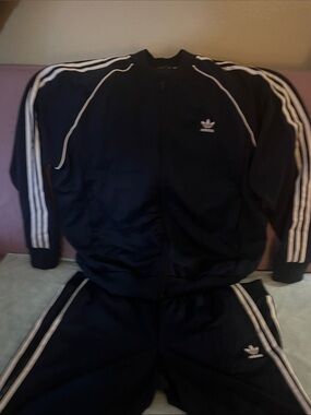 adidas navy blue Track Jacket and Pants Set with White Stripes